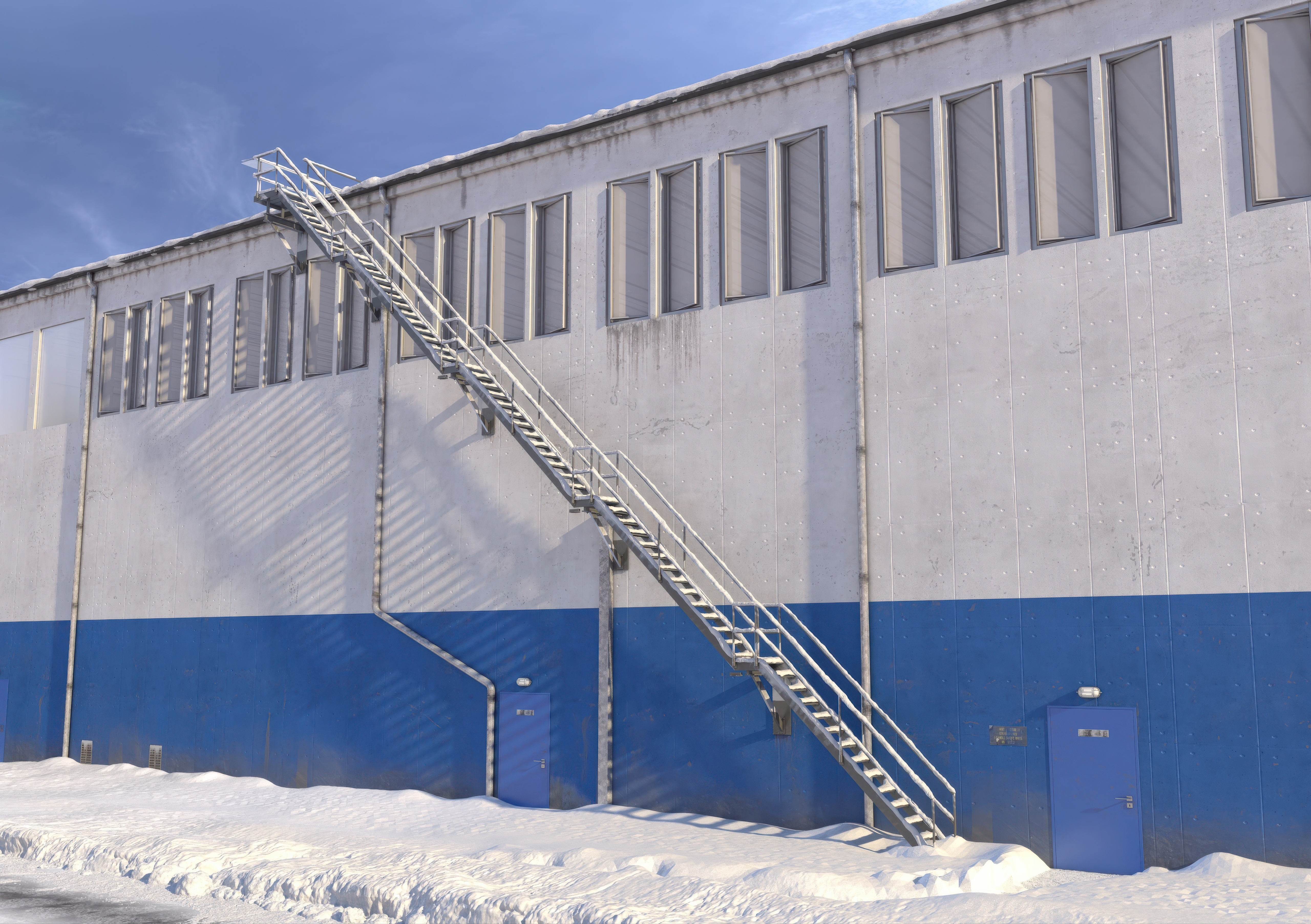 Schneebedeckter Flachdachzugang über Außentreppe